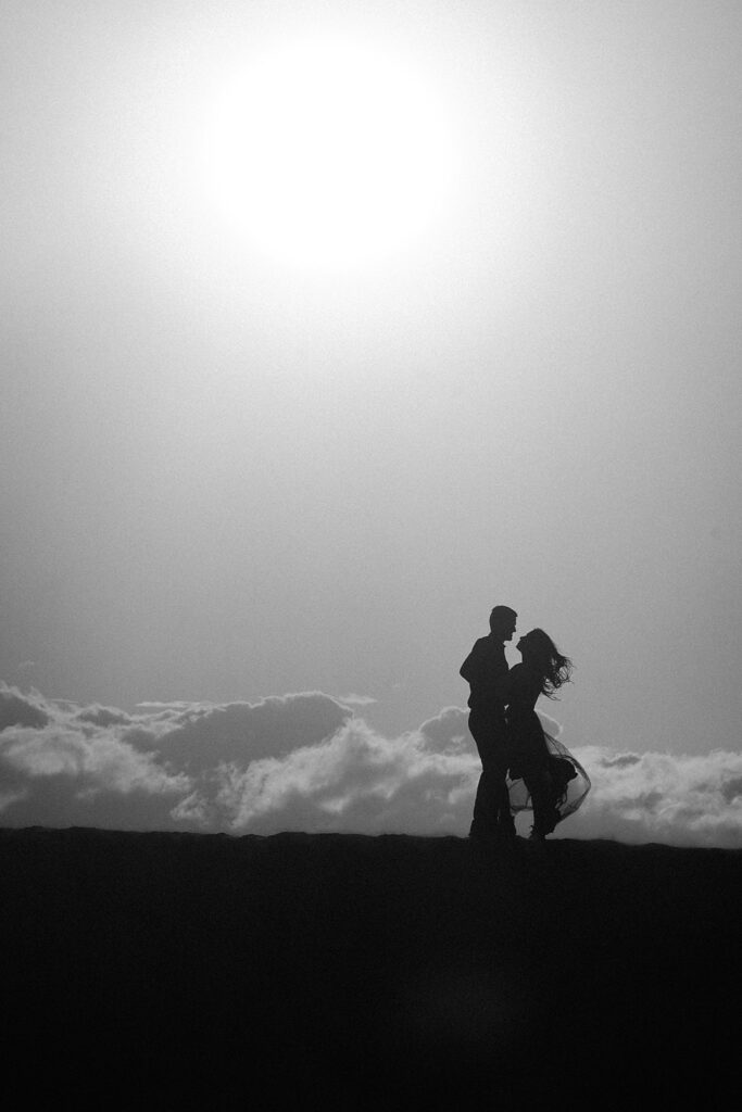 Black and white sunset photograph from an adventure elopement in Oregon.