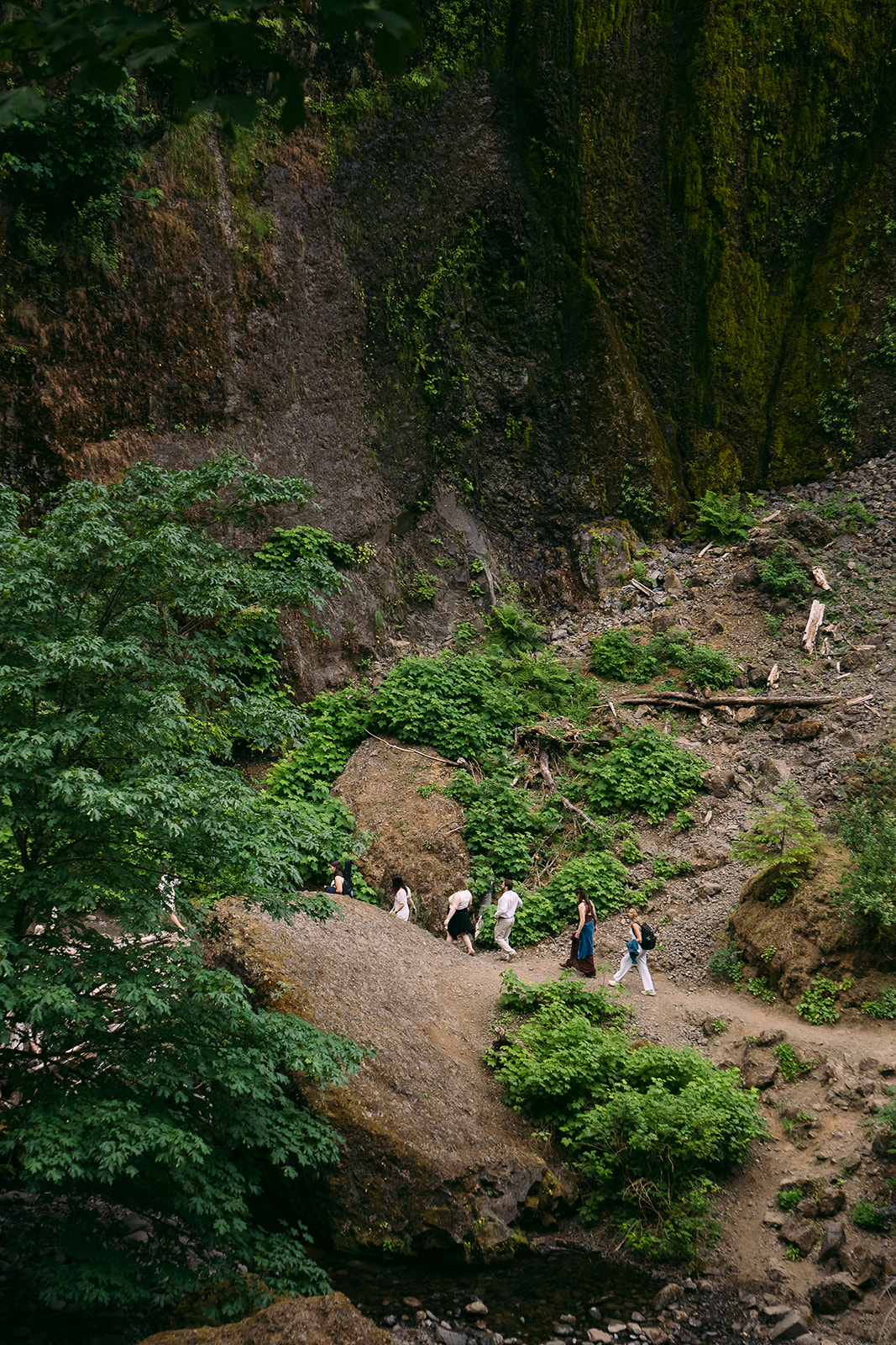 Birdseye view of wedding guests and two brides hiking along the trail at the bottom of a dark rock wall, on the way to the elopement location.